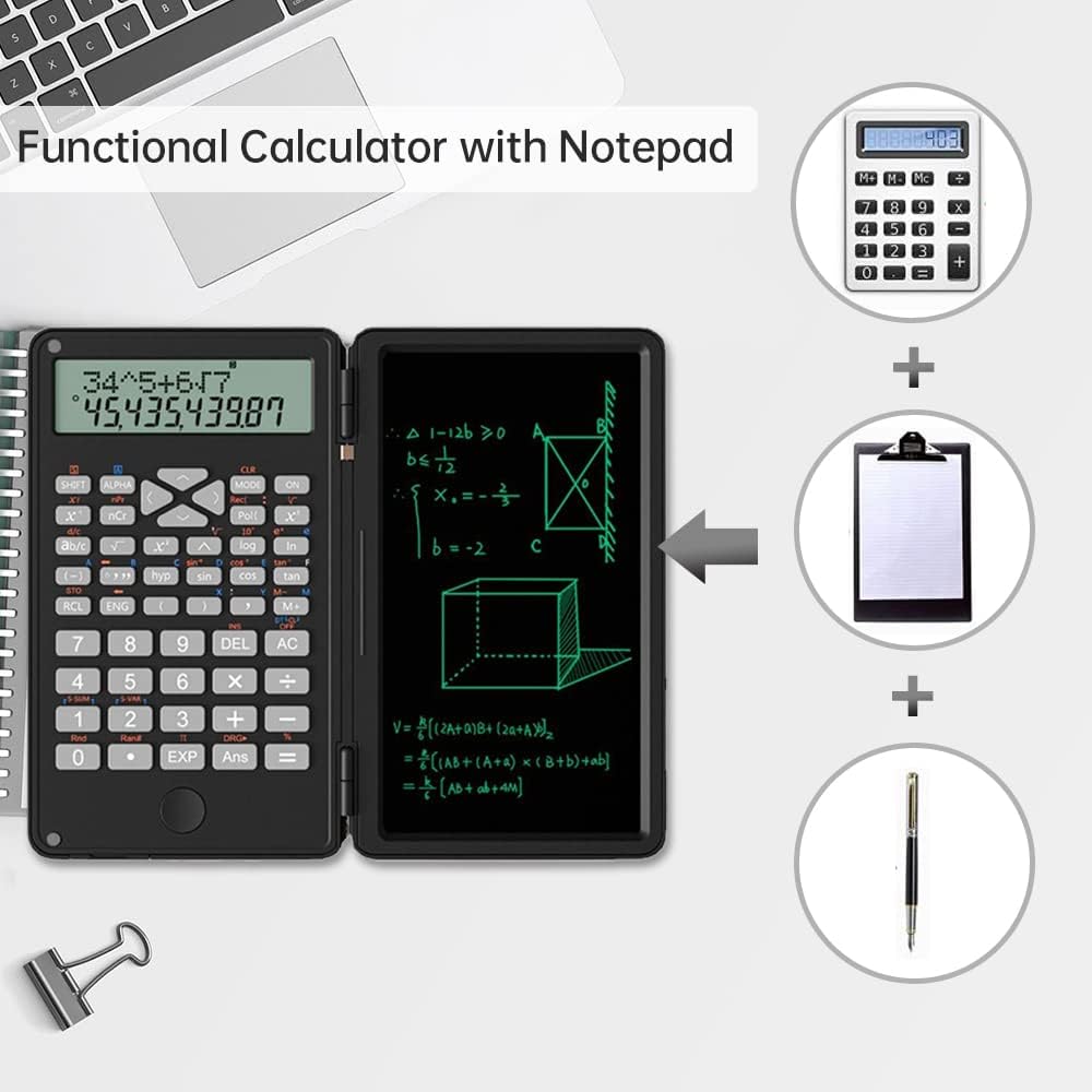 Scientific Calculator with Writing Tablet, Protable Foldable Calculator Notepad 2 in 1 LCD Science Calculator Notepad Professional Financial