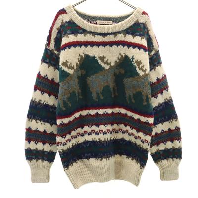 HEATHER & TWEED 90s Old Reindeer Pattern Long Sleeve Sweater M Ivory Knit Men's Used