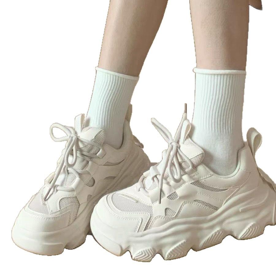 Double Mesh Breathable Sports and Leisure Shoes Summer Women's Platform College Style White Shoes