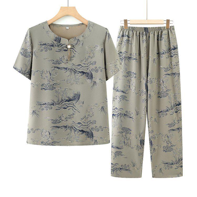 Grandma s Summer Short Sleeve Set - Lightweight Middle-aged Women s Two-piece Outfit for Elderly XL 45-52.5kg