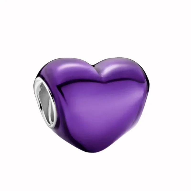 Silver Colour Metallic Pink Heart Charm Heart-shaped Beads Fit  Silve Original Bracelets Fashion DIY Woman Jewelry Making