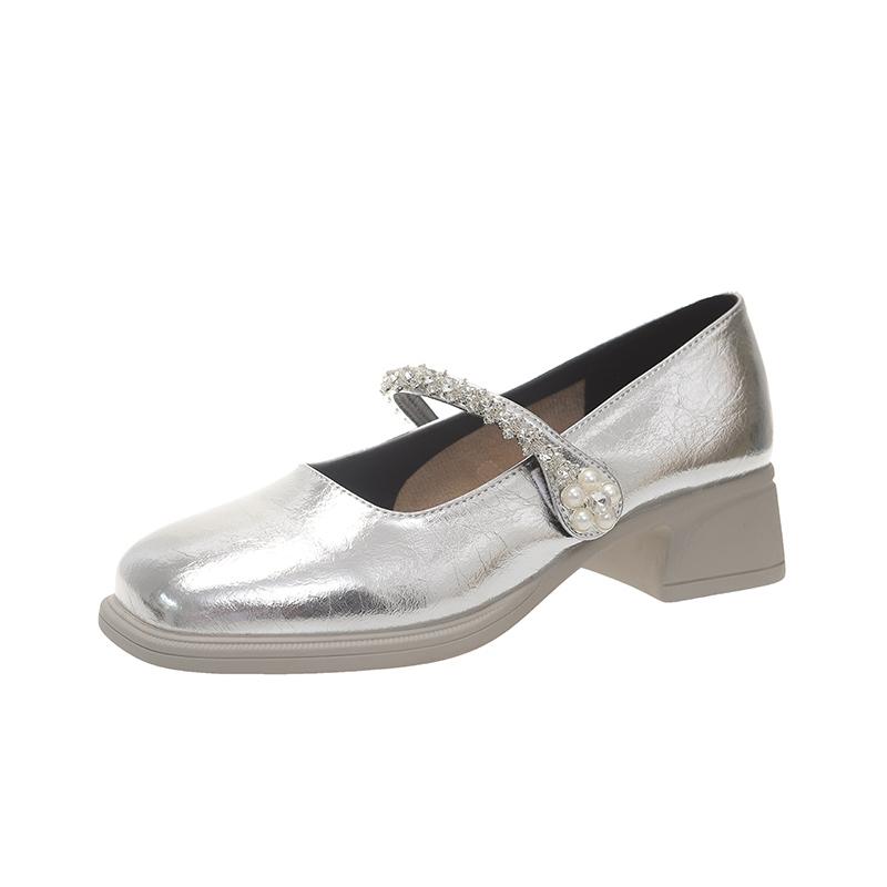 Fashion Square Heel Single Shoes Women's Autumn New Square Toe Shallow Mouth Crystal Strip Non-slip Block Heel Shoes