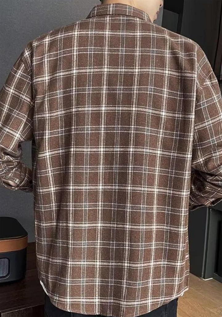 EIDEFE Gingham Check Long Sleeve Casual Flannel Handsome Casual Jacket for and XL Men's Shirt, Shirt, Spring, Autumn, Winter, Coffee-03,