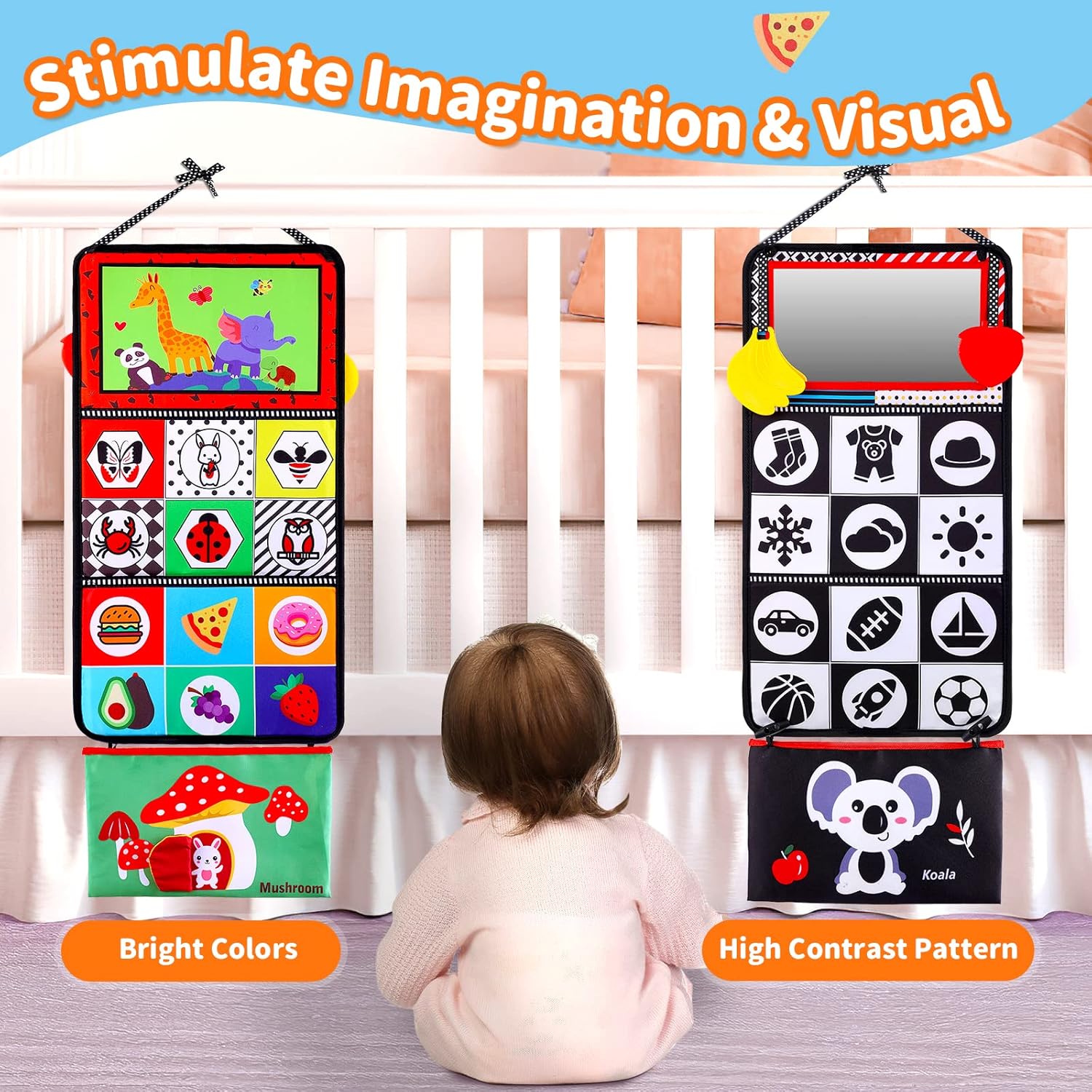 Baby Mirror Tummy Time Toys 0-3 3-6 Months Sensory Crinkle Baby Books Black and White High Contrast Baby Toys for Newborn Infant Montessori Car Seat