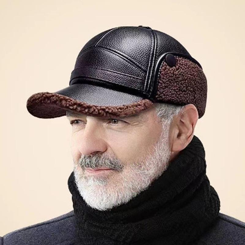 Middle-Aged and Elderly Baseball Cap Men's PU Cap Winter Warm Cycling Cap Old Velvet Ear Protection Cap