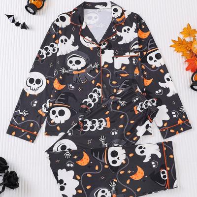 Womens Halloween Pajama Set Long Sleeve Flip Collar Lounge Wear Sleepwear Home Comfort