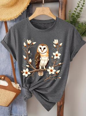 Plus Size Women's Short Sleeve T-shirt Owl On Flower Branch Breathable Fabric Summer Outfits Women's Clothing
