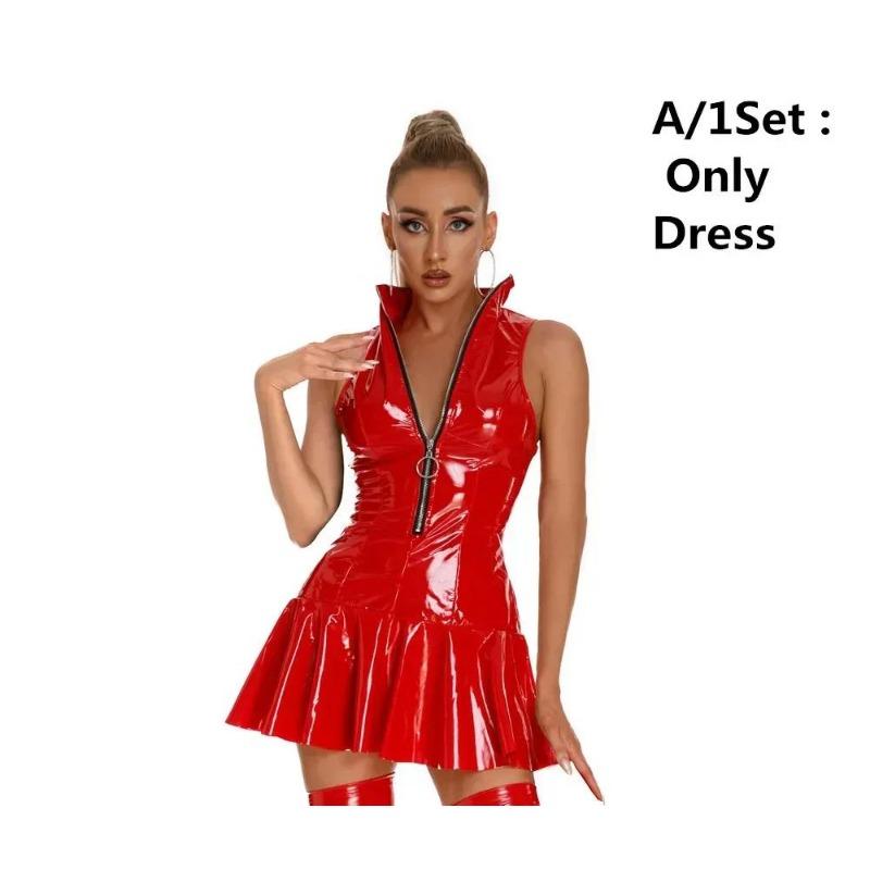 Women Sexy Glossy Leather Slip Dress Lady Erotic Shaping Pleated Short Dress PVC Zipper Porn Breast Exposing Latex Mini Dresses