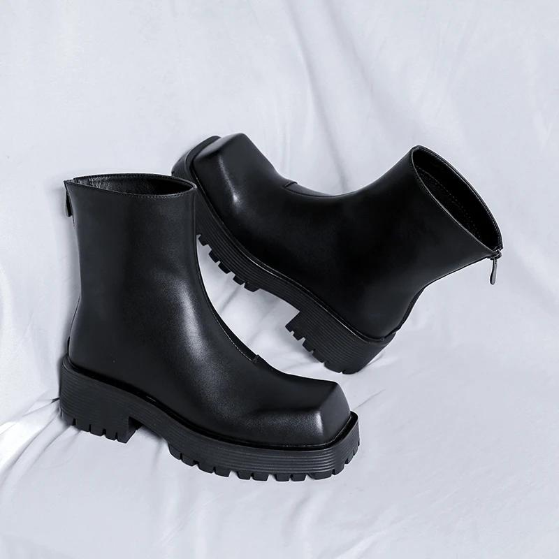 

Черные ботинки челси на платформе с квадратным носком, каблук с застежкой-молнией, короткие ботинки, мужские высокие кожаные ботинки, мотоциклетные ботинки, мужская обувь 44 чёрный