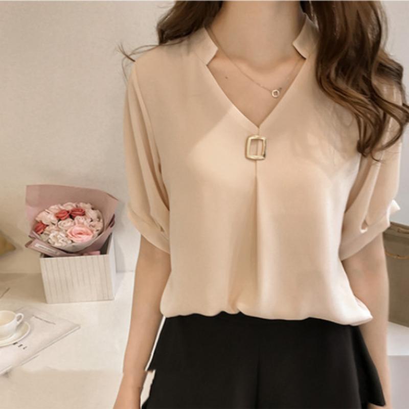 Spring and Summer New Fashion Half Sleeved Simplicity Solid Color Casual Versatile Commuting Elegant V-neck Pullover T-shirt