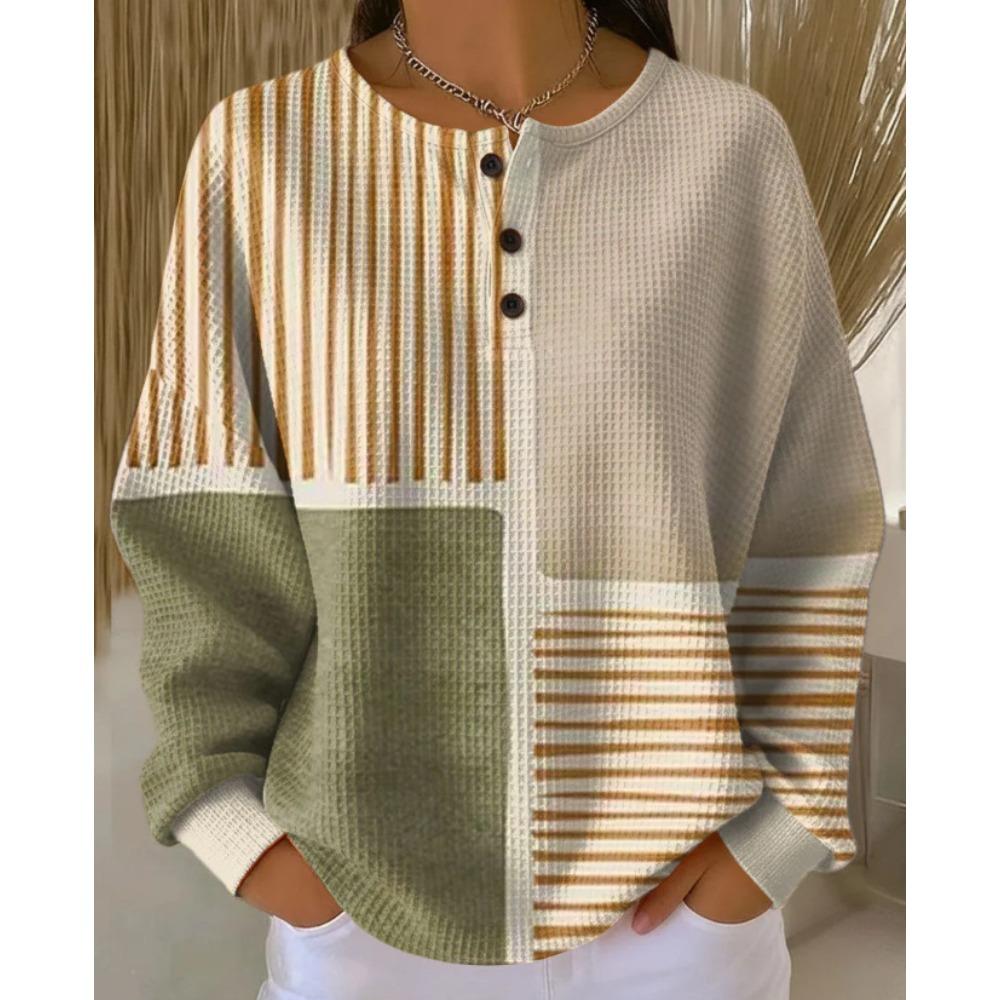 Women's Crew Neck Three‑Button Placket Color‑Block Striped Waffle Knit Loose Long Sleeve Top