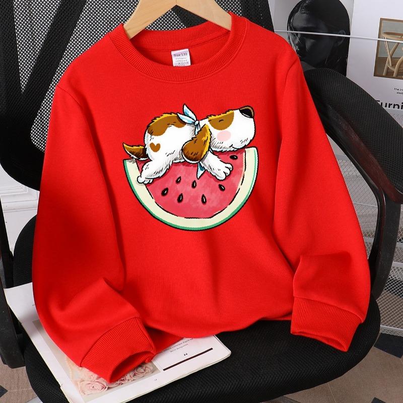 Kids Crew Neck Sweatshirt, Cute Puppy On Watermelon Slice Print, Soft Cozy Pullover for Autumn & Winter