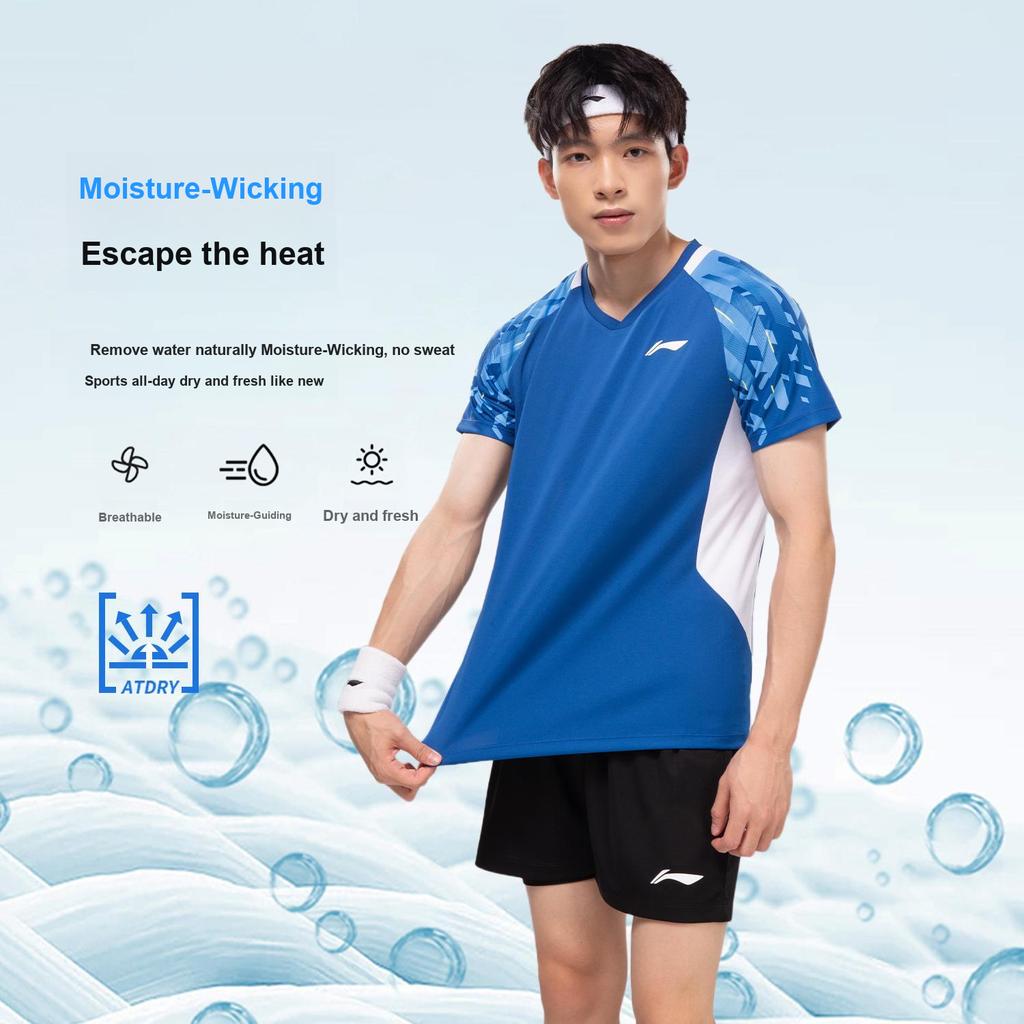 Li Ning Badminton Series Color Block Quick-Dry Breathable Training Competition Short Sleeve Shorts Casual Sports Set Unisex sports set AATV077-3