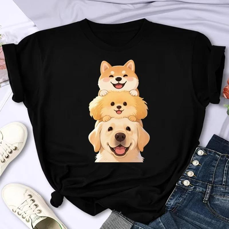 Fashion Unisex Tshirt Summer Retro Cartoon Puppy Print Casual Crew Neck Short Sleeve Tee Tops For Daily Wear