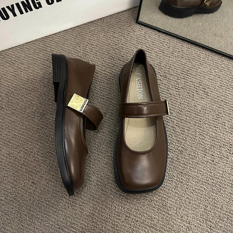 Retro Brown Square Head Mary Jane Shoes Women's New Velvet Light Mouth Single Shoes Women's Flat Bottom Sweet Wind