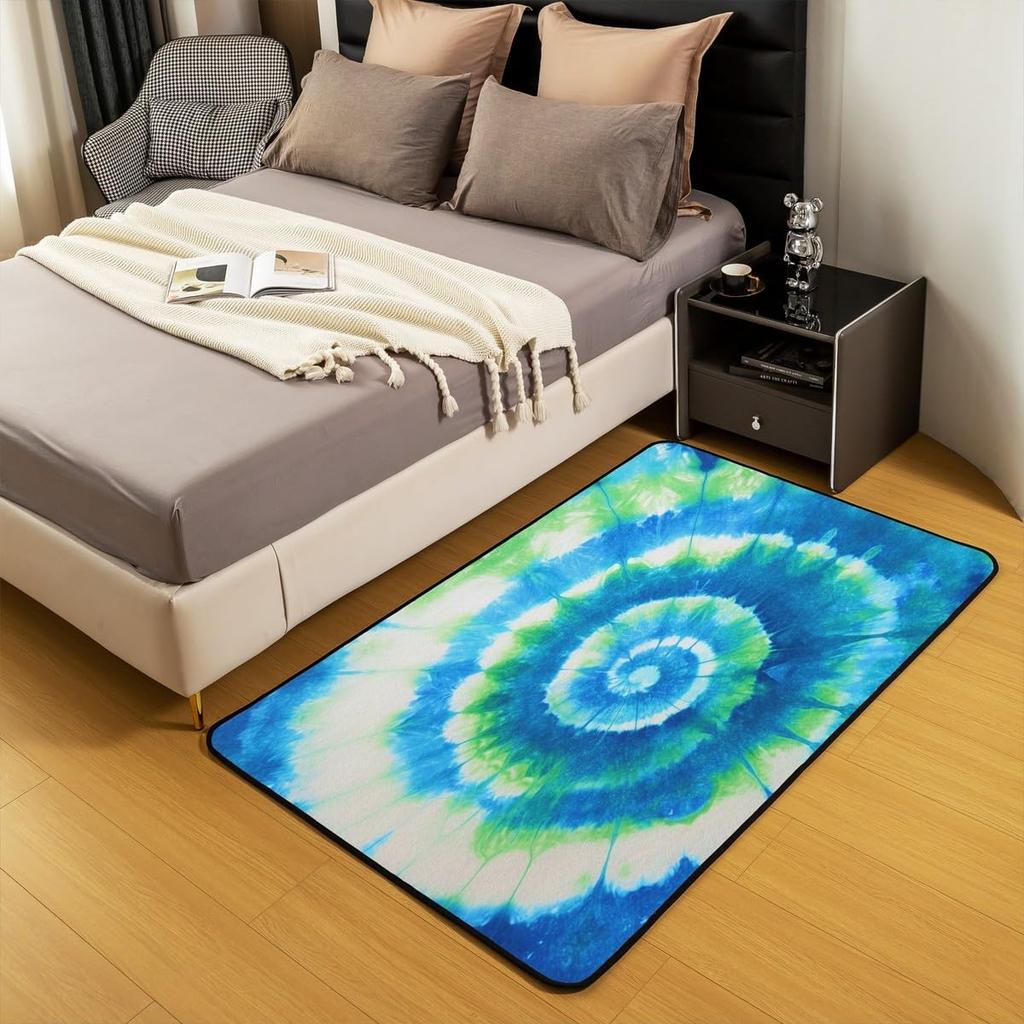 Boho Tie Dye Area Rug for Living Room and Bedroom, Trippy Swirl Hippie Carpet, Soft Bohemian Gypsy Floor Mat