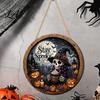 Vintage Owl Black Cat Ornaments Halloween Round Puzzle Sign Witch Skull Wooden Decor with Stable Base Decorative Stand Spooky Tabletop Ornament for