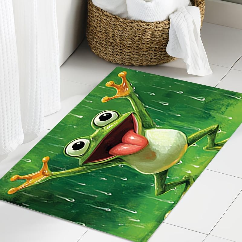 1pc, 2D Flat Happy Frog Jumping Rain Green Flannel Bath Mat Non Slip Cute Animal Rug For Bathroom Kids Room Floor