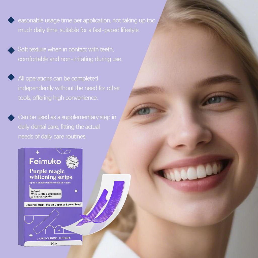 Feimuko Mint-Infused Purple Teeth Whitening Strips - Gentle, Non-Irritating, Invisible Fit