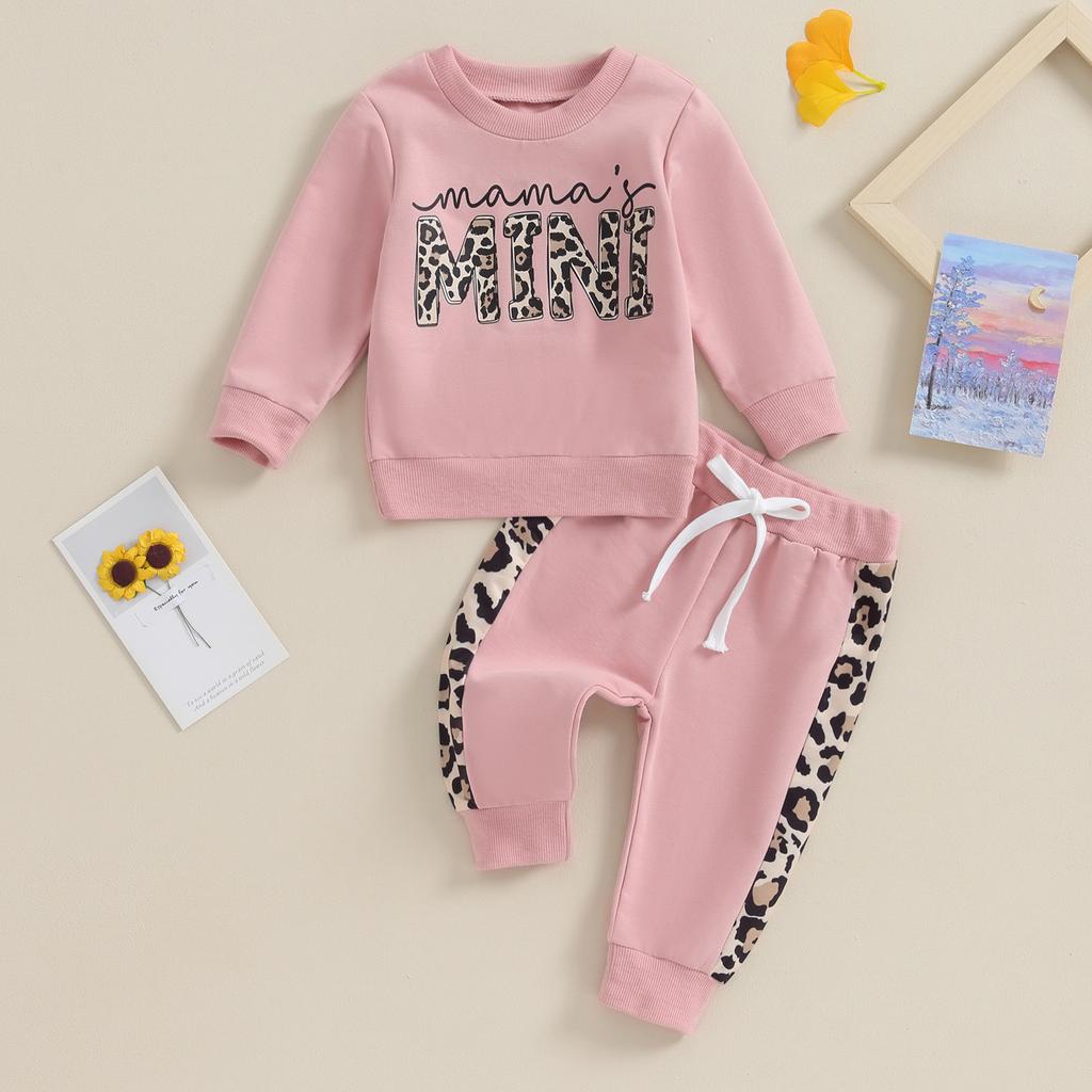 Toddler Girl Fall Clothes Letter & Leopard Print Long Sleeve Pullover Strap Pants 2 Pcs Outfit