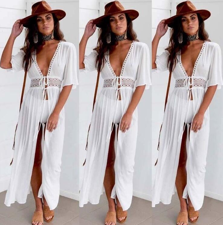 Bikini Cover up Solid Hollow out Beach Dress Summer Chiffon Swimwear Long Sleeve Bathing Suit Cover