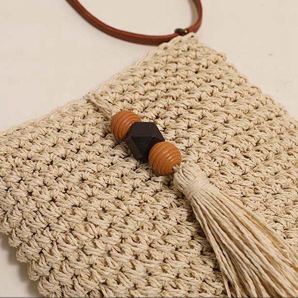 Cute Pu Leather Raffia Bag Tassels Hollow Out Weave Straw Crossbody Bag Bohemian Style Wood Bead Tassels Beach Bag Shopping