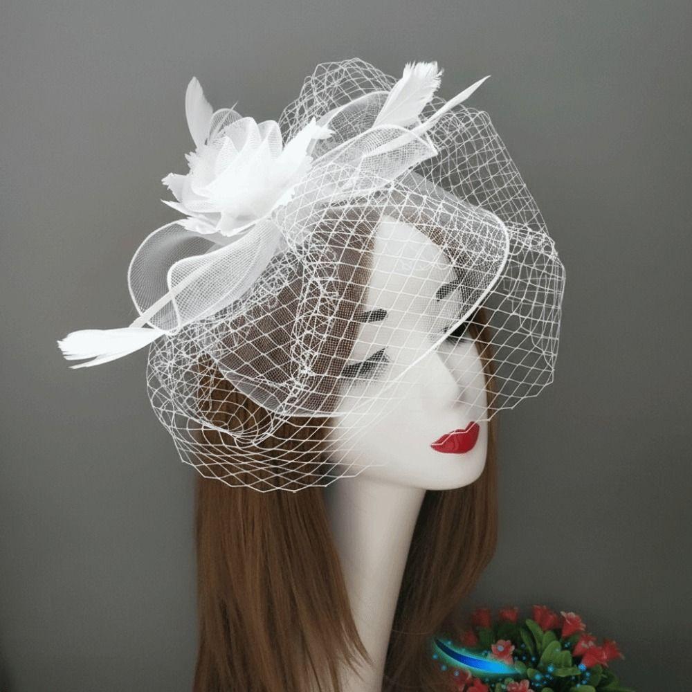 Vintage Style Fascinator Hat Exquisite Elegant Feather Mesh Veil Hat Sweet Bow Fancy Flower Hair Band Race Millinery