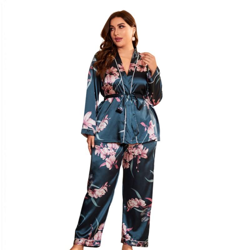 Plus Size Womens Ice Silk Robe Set Long Sleeve V-Neck Lightweight Sleepwear Lounge Wear Home Hotel Winter