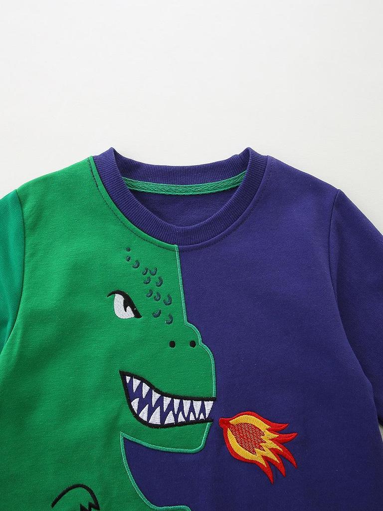 Autumn Boys' European Style Dinosaur Patch Hoodie - Round Neck Sportswear