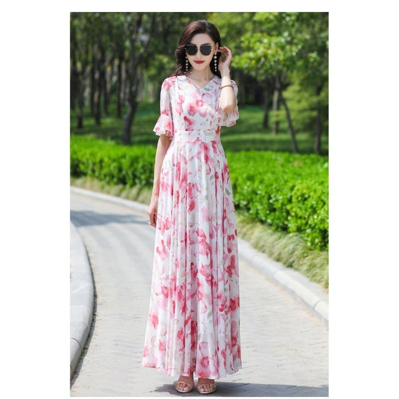 Damen Blumenmuster Maxi V-Ausschnitt Rüschen Kurze Ärmel Hohe Taille Chiffon Freizeit Sommerkleid