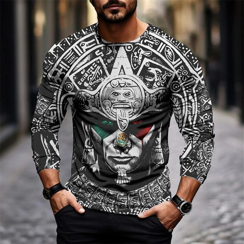 Round Neck 3D Aztec Graphic Printed Casual Long Sleeved Men's T-shirts - Soft Medium Stretch Polyester Fabric Spring and Autumn Relaxed Fit Clothing