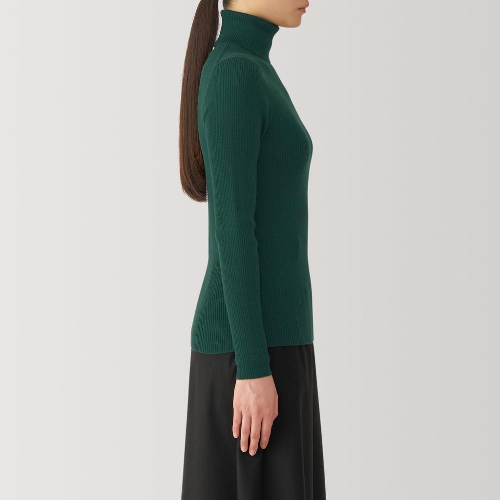 MUJI Washable Wool Rib Turtleneck Dark Size BA1OXA4A Women's High-Gauge Sweater, Green, M,