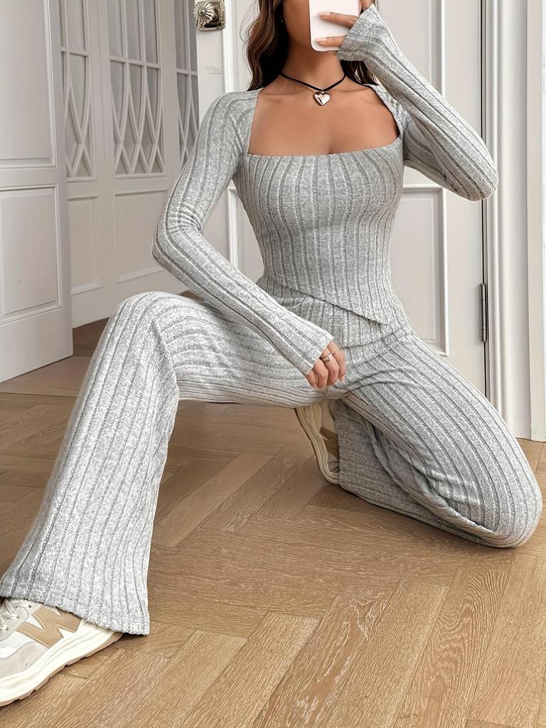 2024 Women's Solid Color Rib-Knit Lounge Set: Long-Sleeve Top & Pants