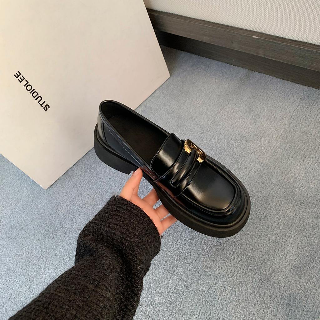 Whole Cowhide~ Loafers Genuine Leather Retro Gold Buckle Thick Sole Thick Heel Loafers Small Leather Shoes Women