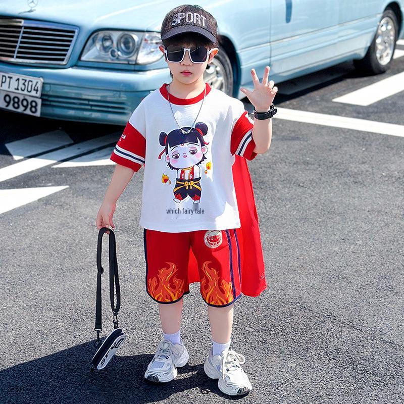 

Boys 2025 Nezha Cartoon Cotton T-Shirt & Shorts Set - Summer Casual Style 140 cm красный