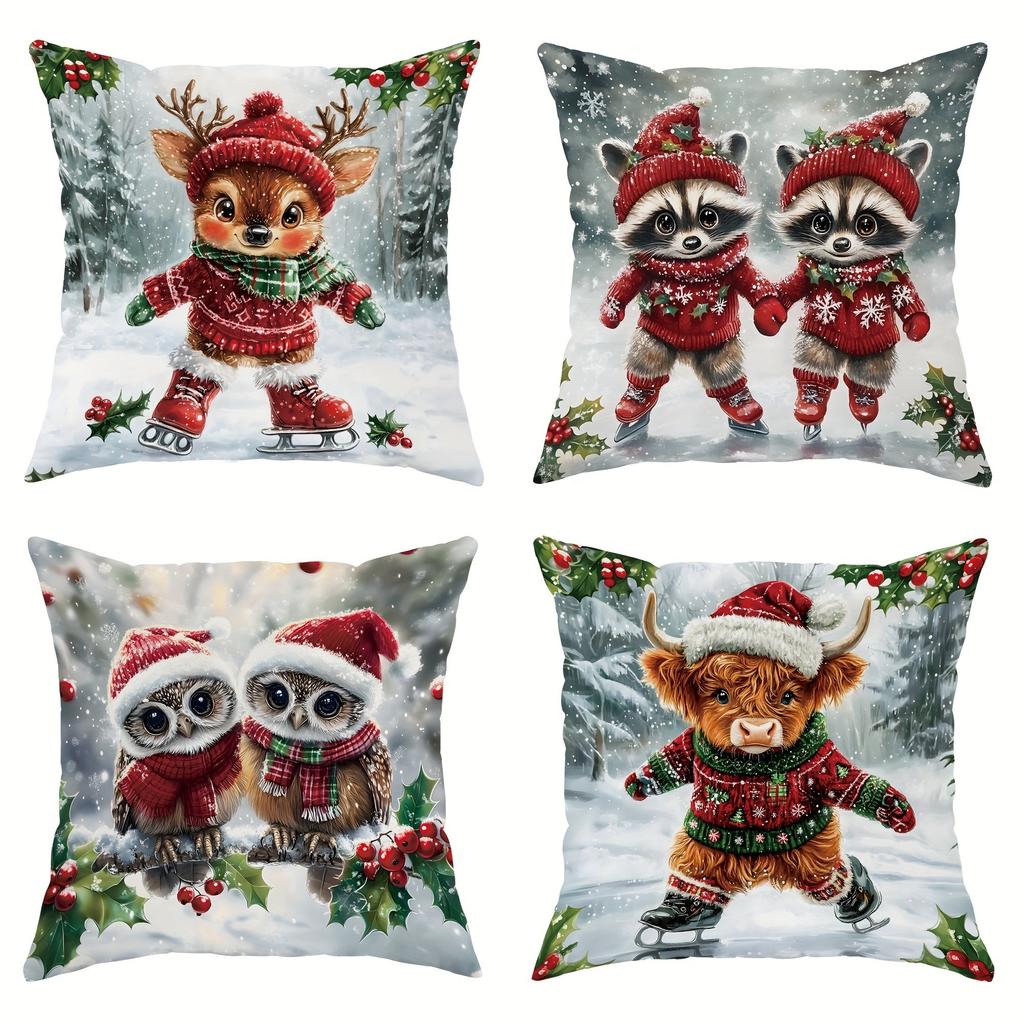 Christmas Pillowcases: Adorable Animal Skaters for Festive Home Decor sofas, bedroom pillow covers, holiday gifts