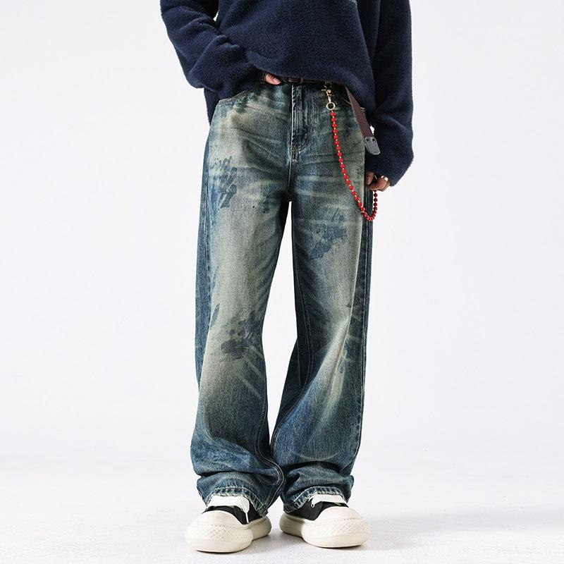 

Ретро Стирка Крафт Свободные Прямые Джинсы Уличные Брюки 36