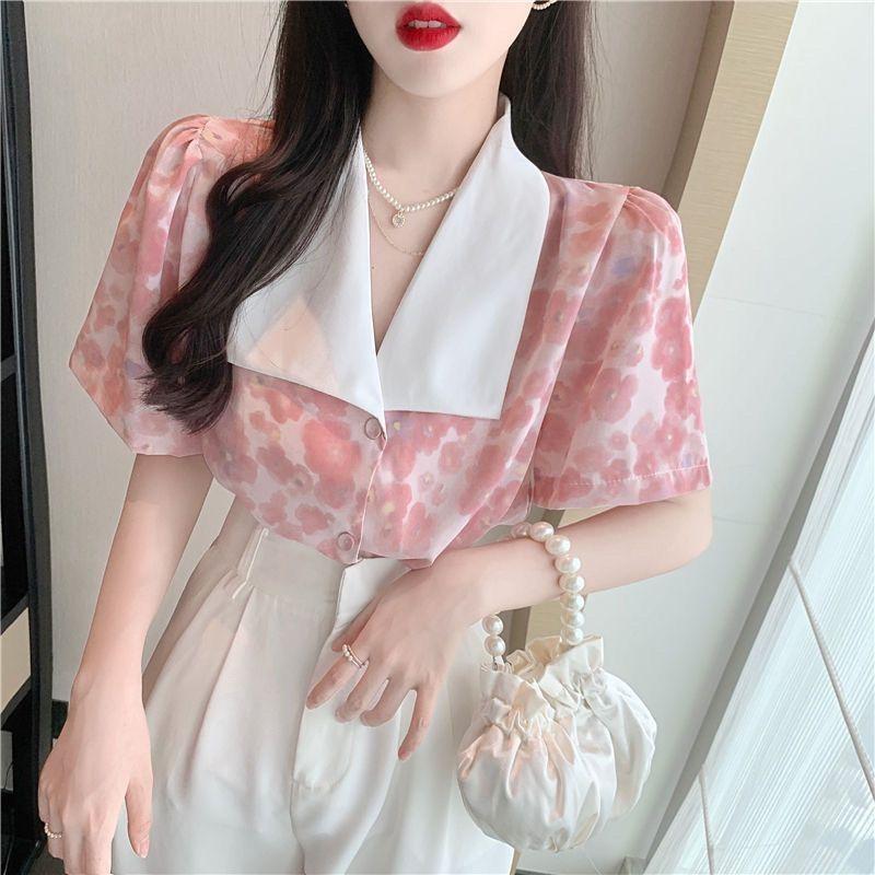 Design-sinnliches Nischen-Revers-Blumen-Chiffon-Hemd Damen-Puffärmel Französisches Oberteil