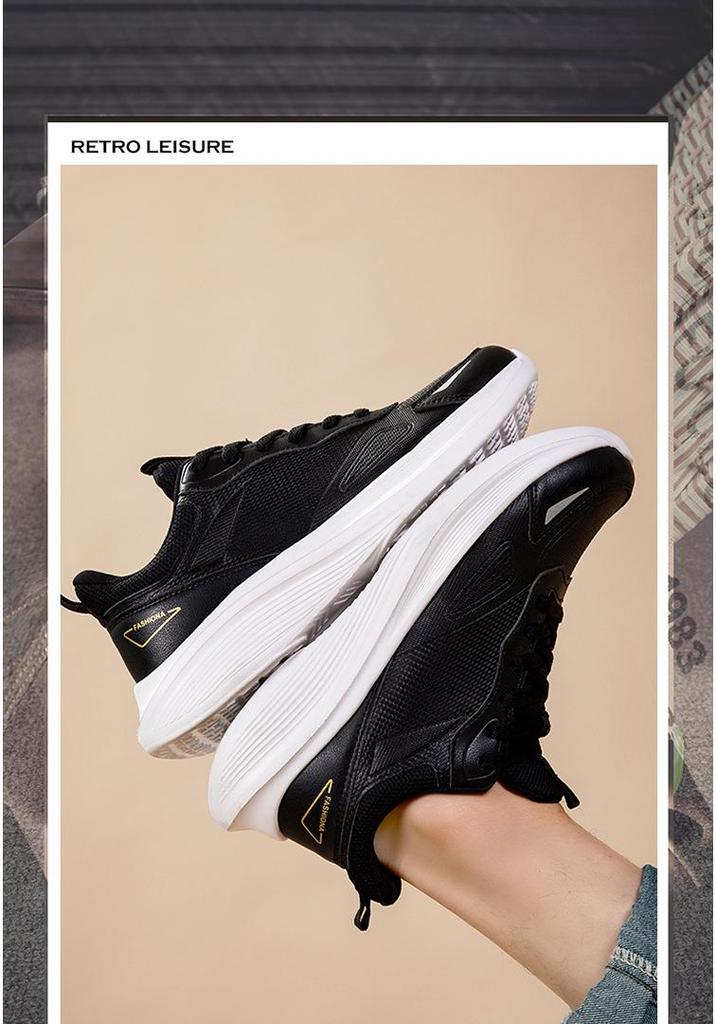Men's Black Leather Lightweight Casual Sports Shoes - Soft Sole & Comfortable for Running