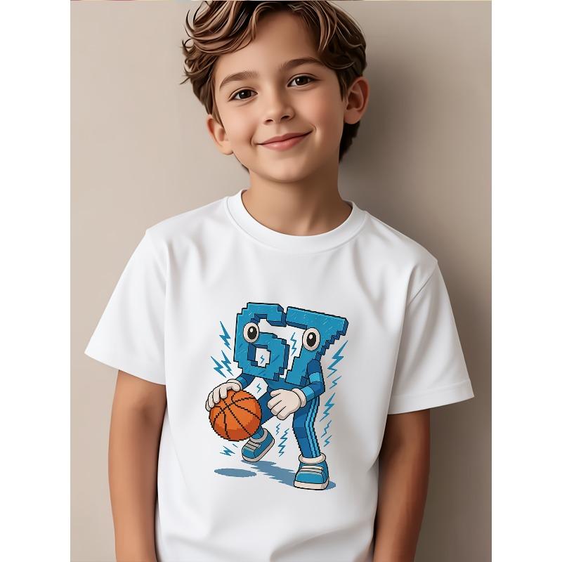 Boys Basketball No.67 Graphic Crewneck Casual Summer T-Shirt 110 белый