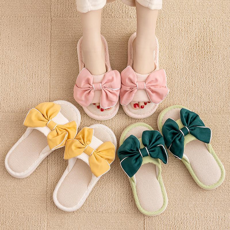 Butterfly knot linen slippers indoor cool slippers contrasting colors, simple fabric cotton linen slippers