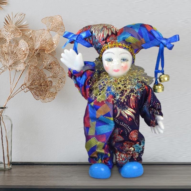 Movable Limb Ceramic Clown Statue with Handcrafts Fabric Outfit Holiday Decoration Collectible Clown Figurine Doll