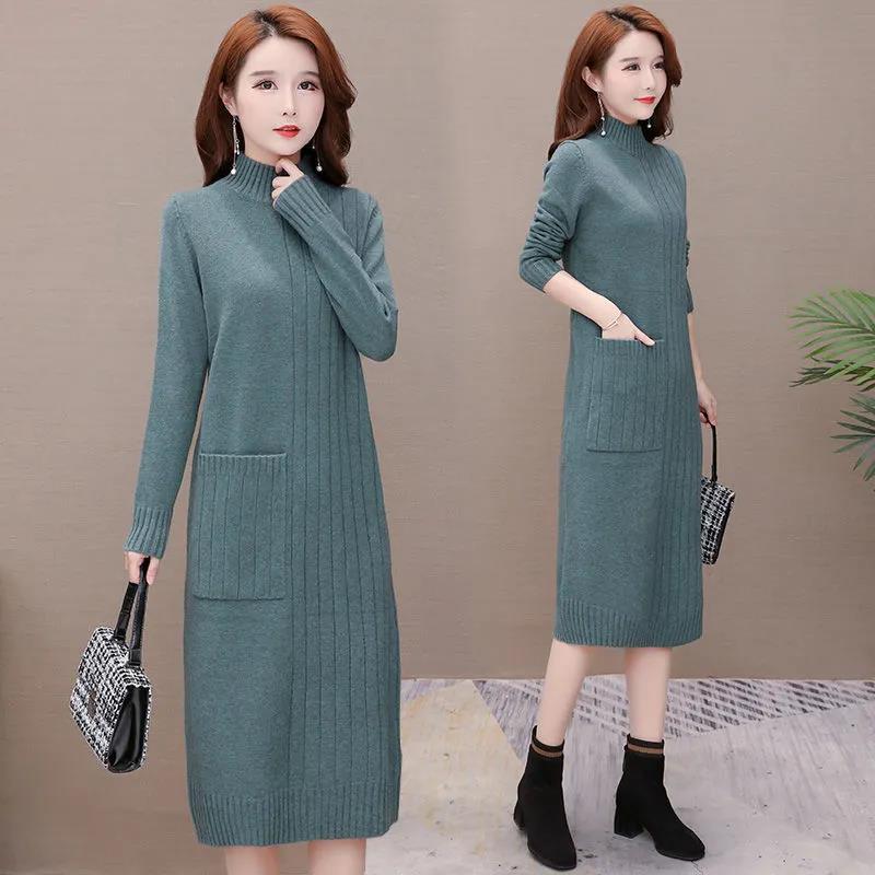 Knitted Dress for Women In Autumn and Winter Korean Style Loose Mid-length Pullover Solid Color Half Turtleneck Sweater Dress