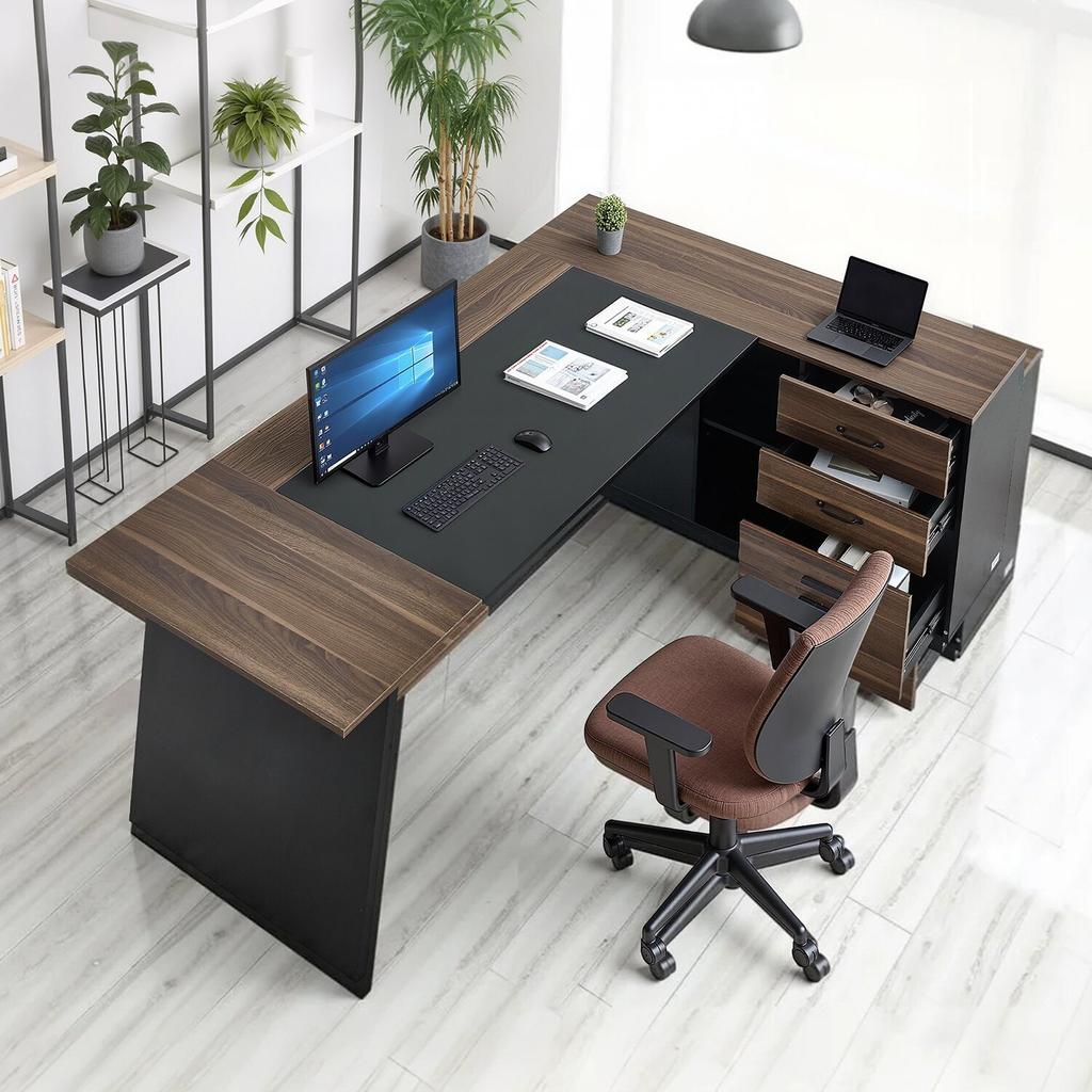 L-Shaped Executive Desk, Large Modern Office Table with Drawers and Storage Cabinet, Heavy Duty Wooden Executive Table, 158.7 KG Load Capacity, Easy
