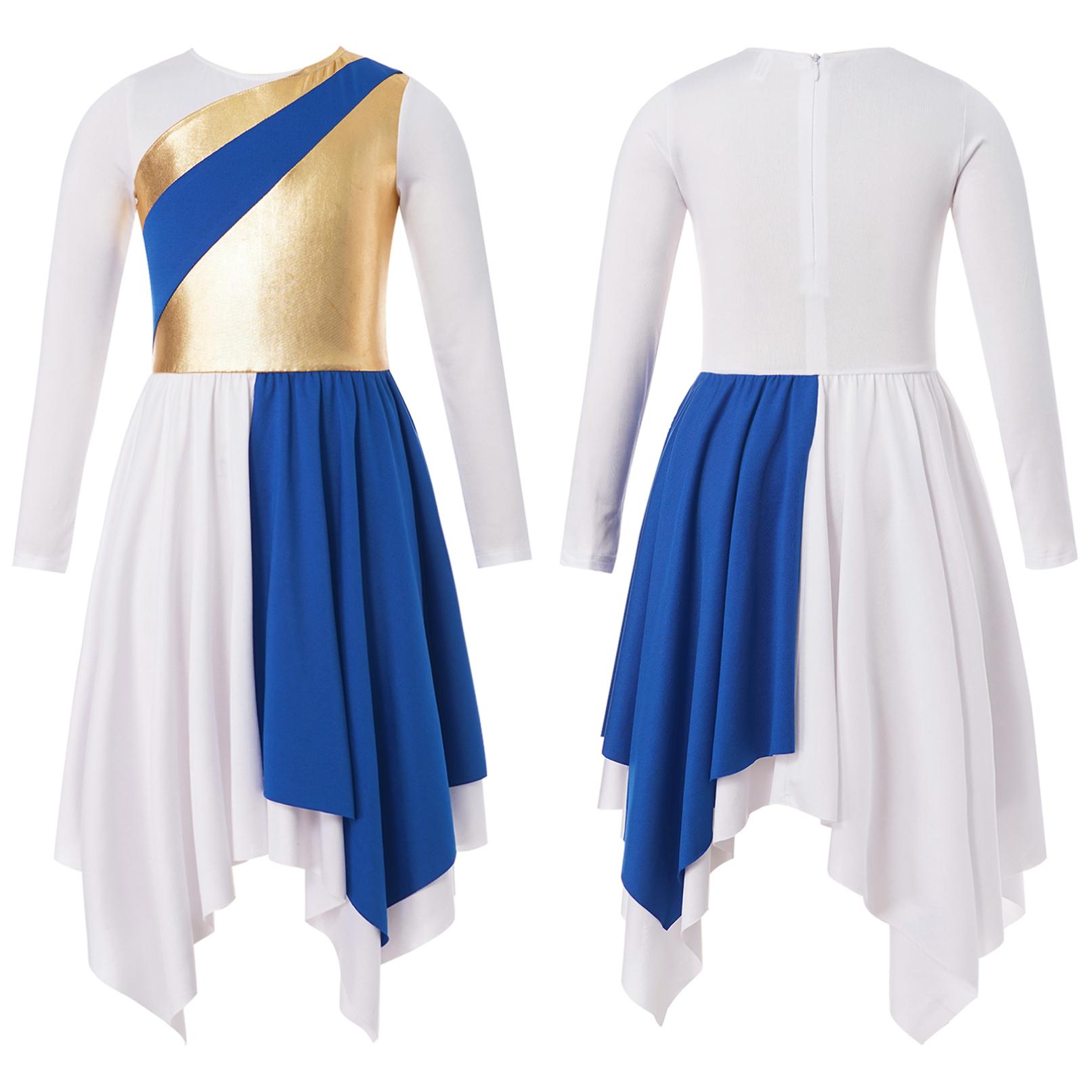 

Діти Дівчата Хвала Лірична танцювальна сукня з довгим рукавом Металева контрастна асиметрична спідниця Костюми для виступу для поклоніння 3-4 Years синій