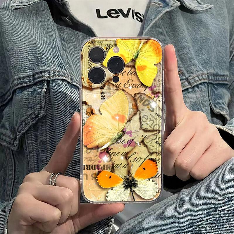 Yellow butterfly is suitable for iPhone17promax Apple 16 mobile phone case 14/13 fine hole 15 transparent and anti-drop.