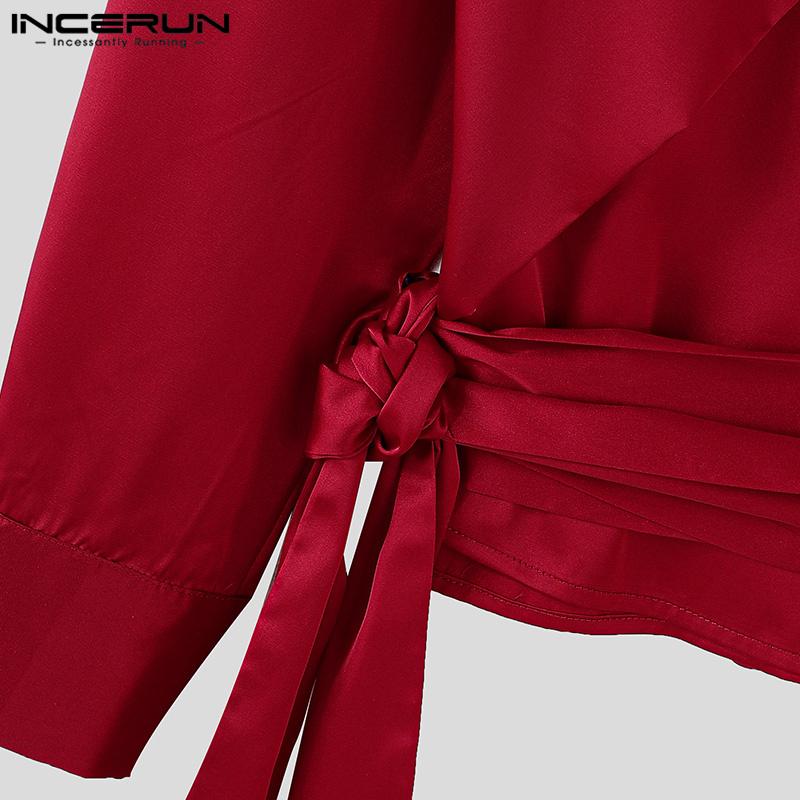 INCERUN Men Long Sleeve Bandage V Neck Front Cross Layer Shirts Tops