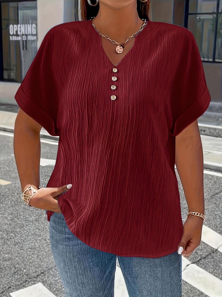 Plus Size Women's Solid V-Neck Buttoned Short Sleeve Top - Comfortable & Loose Fit, 2025 Collection.