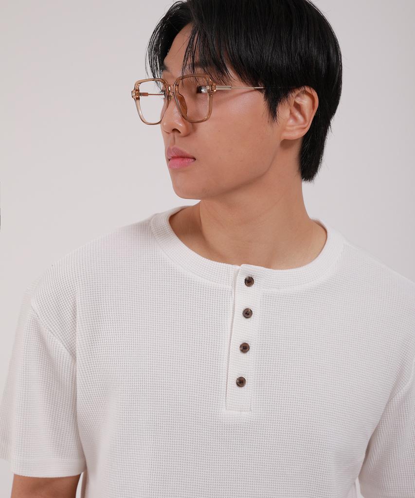Dibellobeu Basic Henley Neck Waffle Short Sleeve T-Shirt_Ivory