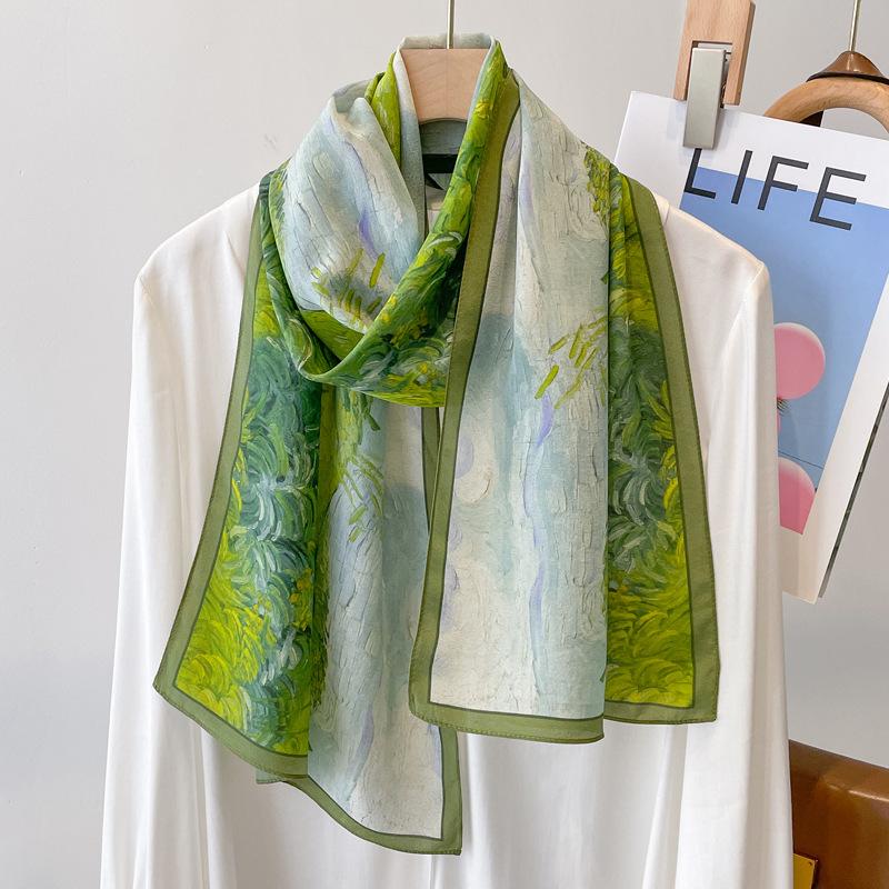 Retro Green Silk Big Streamer Mulberry Silk Silk Scarf Women'S Long High-End Double Crepe Scarf Gift Elder Mother